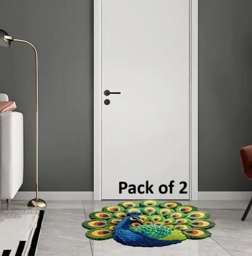 Non-Slip Peacock Print Velvet Floor Mat (Pack of 2) | Super Soft & Washable Door/Room Mat