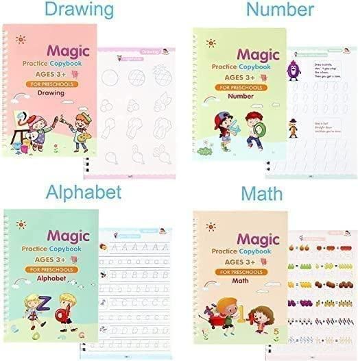Sank Magic Practice Copybook Set – Reusable Handwriting Workbook for Kids (4 Books + 1 Pen + 1 Grip + 10 Refills)