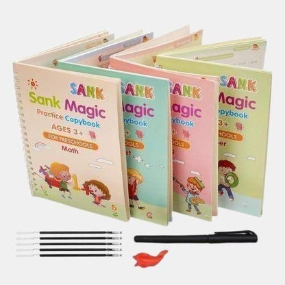 Sank Magic Practice Copybook Set – Reusable Handwriting Workbook for Kids (4 Books + 1 Pen + 1 Grip + 10 Refills)