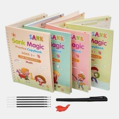 Sank Magic Practice Copybook Set – Reusable Handwriting Workbook for Kids (4 Books + 1 Pen + 1 Grip + 10 Refills)
