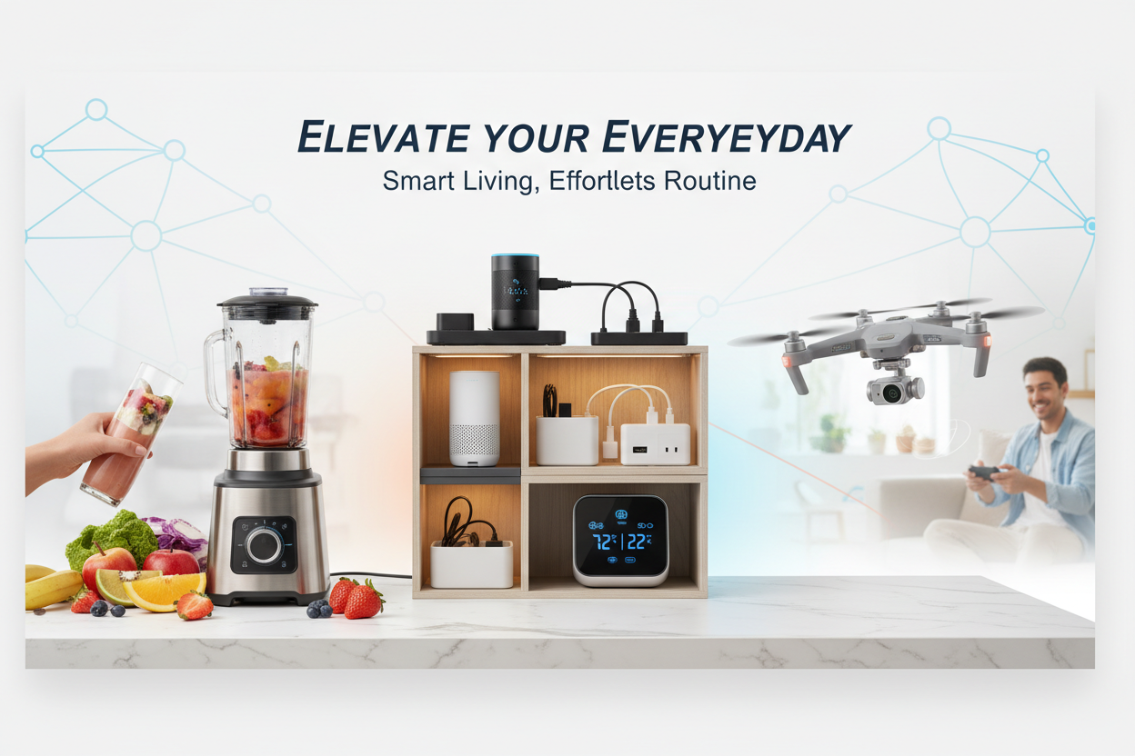 A vibrant and inviting banner image for an e-commerce store specializing in gadgets and home/kitchen utility products. The image should convey modern convenience, smart living, and effortless daily routines. It features a collage or harmonious blend of various products: a sleek kitchen gadget (e.g., a smart blender or food chopper), a clever home organization tool (e.g., a space-saving shelf or cable organizer), and a fun, innovative gadget. The scene is bright, clean, and futuristic, with a warm, inviting 